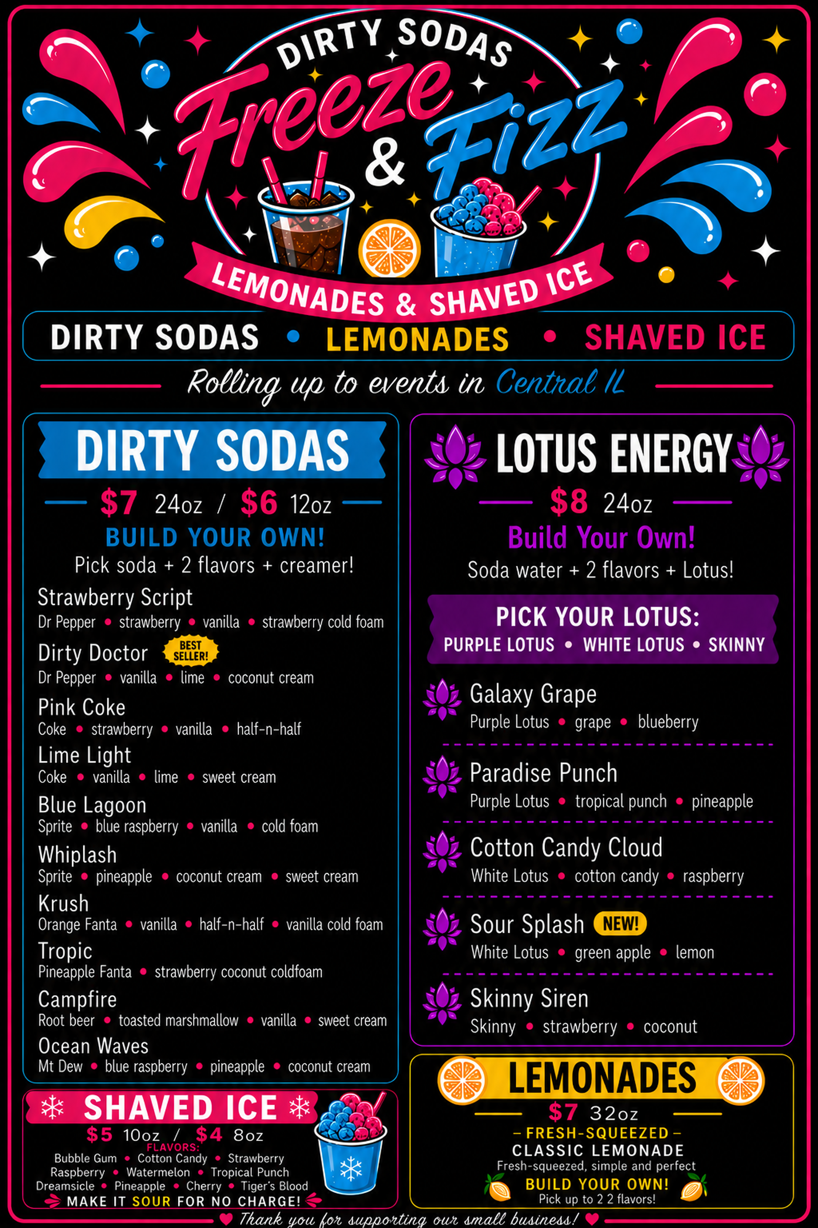 Freeze and Fizz menu board with dirty sodas, Lotus Energy, shaved ice, and lemonades